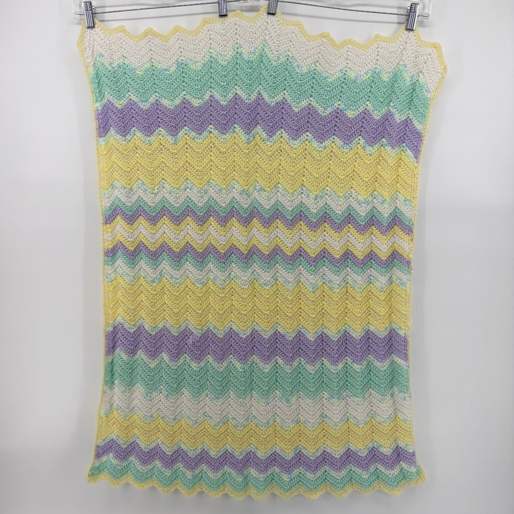 Handmade Crochet Baby Blanket Pastel Yellow Purple Mint Chevron Ripple